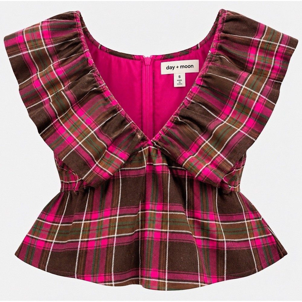 day + moon Girls Pink Brown Plaid Peplum V-Neck Sleeveless Zip Blouse S